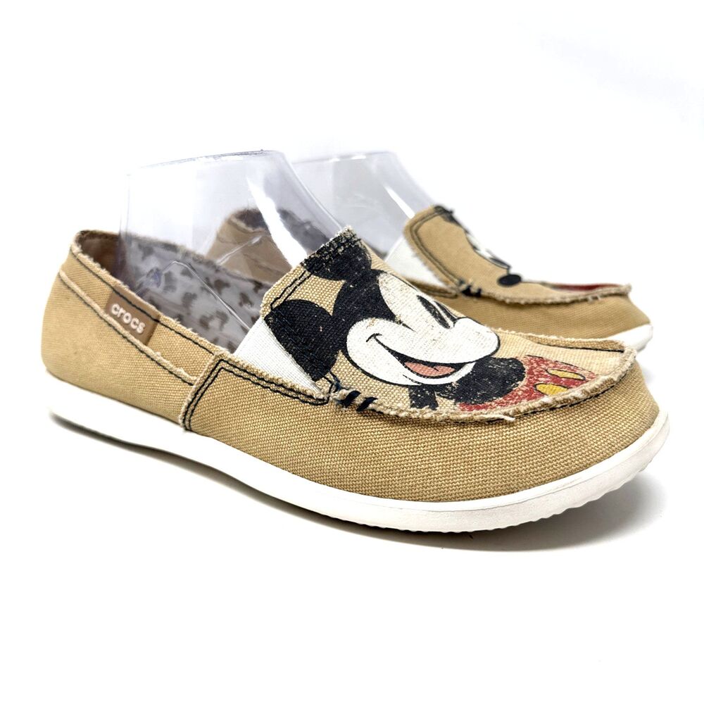Crocs Disney Mickey Mouse Loafers Womens Size 9 Khaki Distressed Canvas Comfort